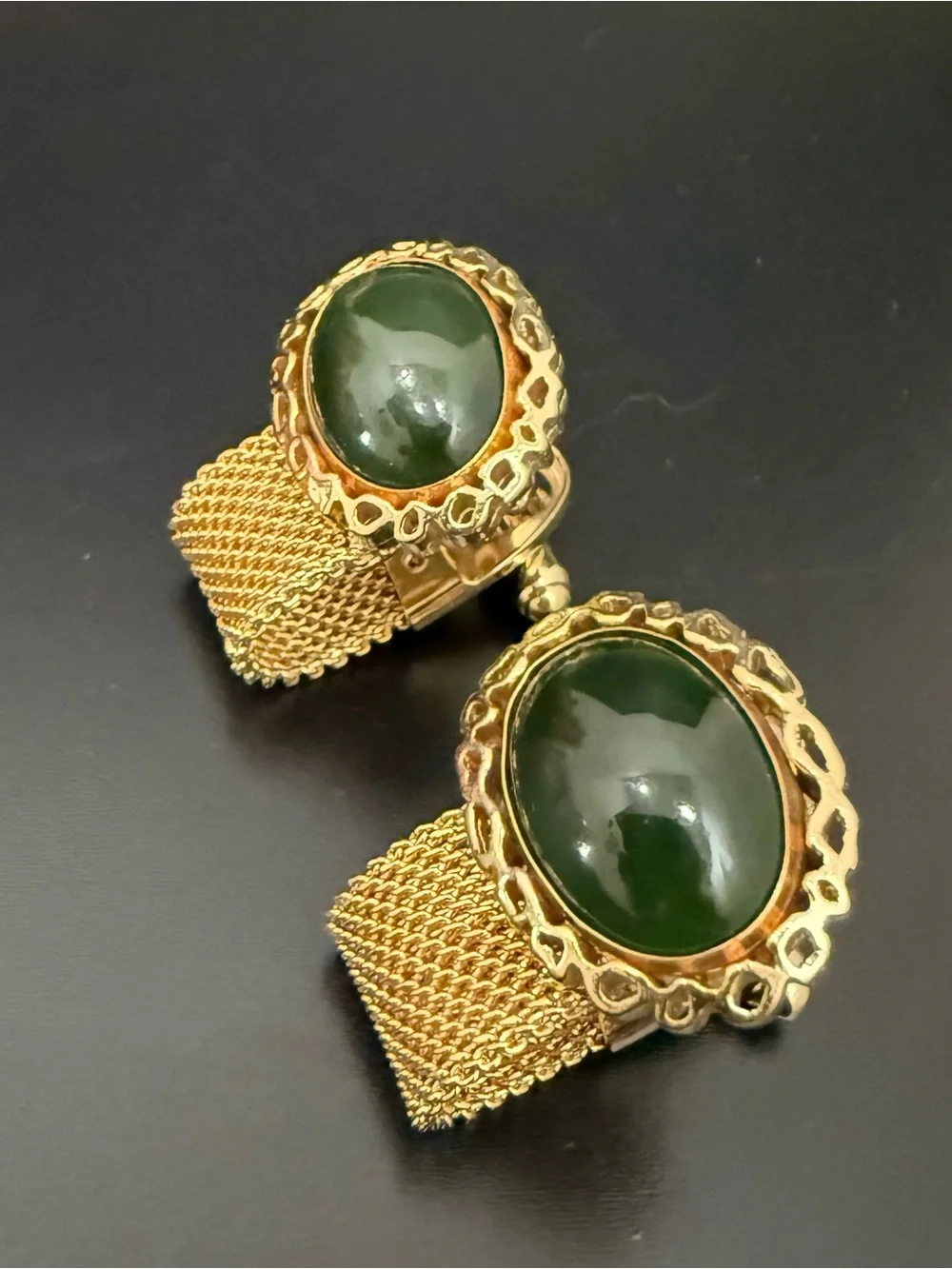 Vintage ANSON Gold-tone Faux Jade Green Stone Cabochon Mesh Cufflinks